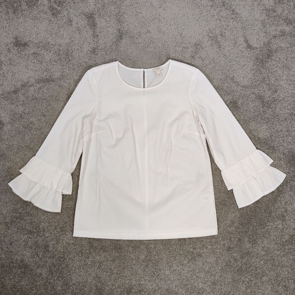 J. Crew Women's White Ruffled 3/4 Sleeve Blouse in White Size 0 Feminine Cotton
